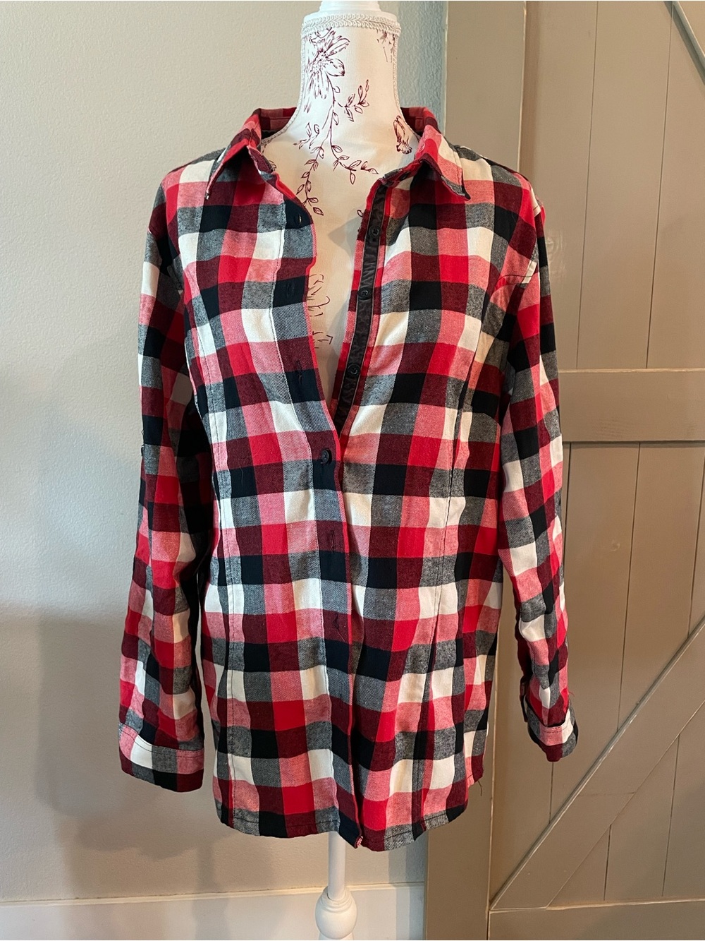 Plaid Button-Up Flannel in Red, Black & White